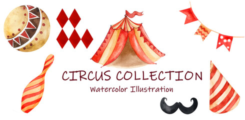 Obraz premium Vintage Circus Theme Elements. Balls, Skittles, Tent, Magician's Moustache, Cap, Garlands, Flags. Watercolor Illustration. For Postcards, Invitations, Children's Clothing, Accessories, Posters