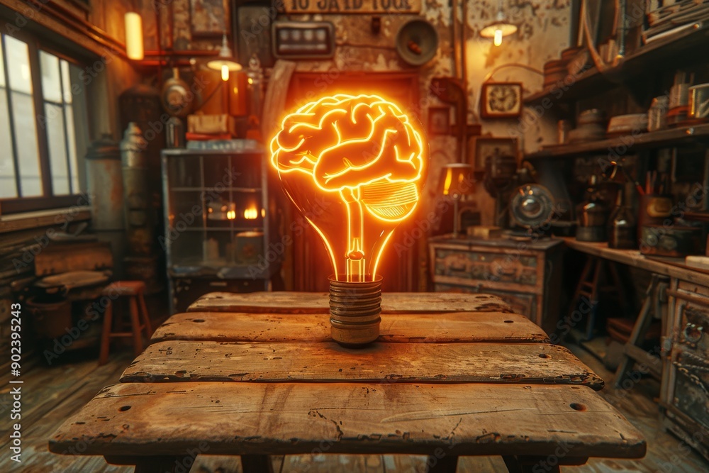 Poster brain in a glowing light bulb in a cozy workshop highlighting creativity and intelligence in a warm 