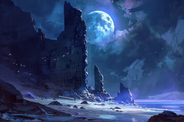 Mystical moonlight landscape with giant rock formations and a blue moon