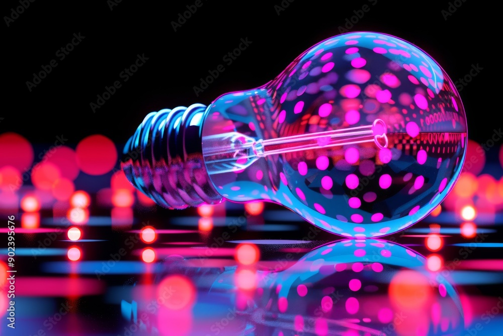 Poster glowing light bulb with neon patterns symbolizing creativity and innovation in a vibrant high tech s