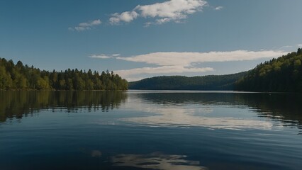 The lake’s serene waters showcasing the warm tones of a summer twilight
