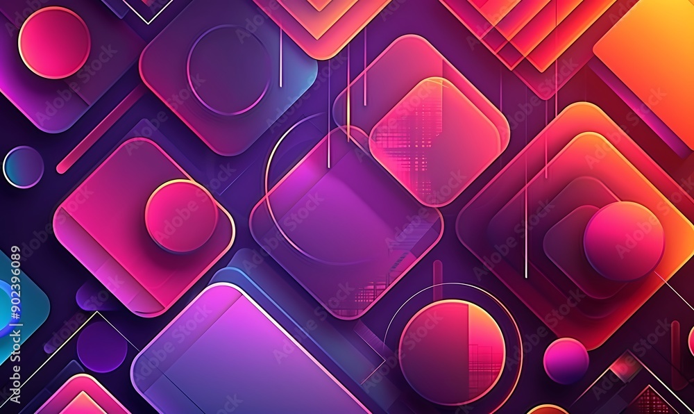 Poster illustration colorful geometric round and square shape for abstract background, generative ai