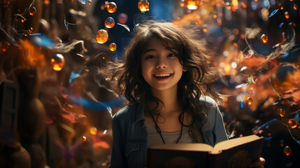 child little girl reading a magic book in the dark home