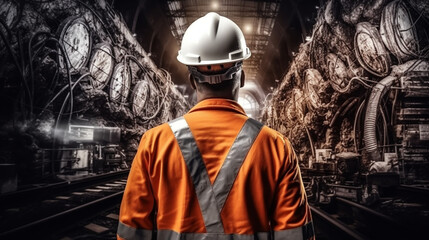 Obraz premium The engineer or inspector checking drawing or check sheet of underground railway station for find some defect before project completed