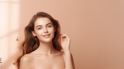 Obraz premium closeup portrait of young happy woman looking in camera