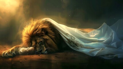 Lion Holding White Flag: A powerful lion lying down, gently holding a white flag with its mouth.
