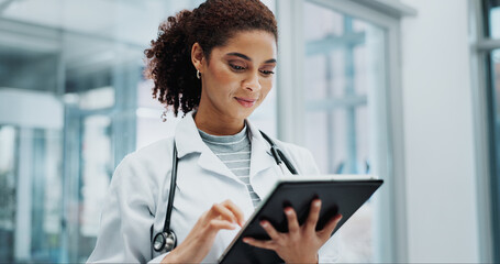 Tablet, woman and doctor with telehealth, networking and reading info at hospital with tech....