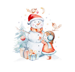 Watercolor set.Christmas snowmen. Cute illustration with fabulous funny characters, stars, sweets and gifts. Hand-drawn characters isolated on a white background for wrappers, cards