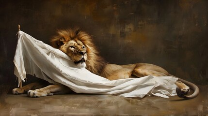 Naklejka premium Lion Holding White Flag: A powerful lion lying down, gently holding a white flag with its mouth. 