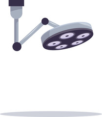 Surgical lamp is hanging over an empty operating table, casting a bright light on the sterile environment