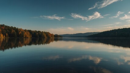 Fototapeta premium The tranquil beauty of the lake highlighted by the warm colors of a summer dawn