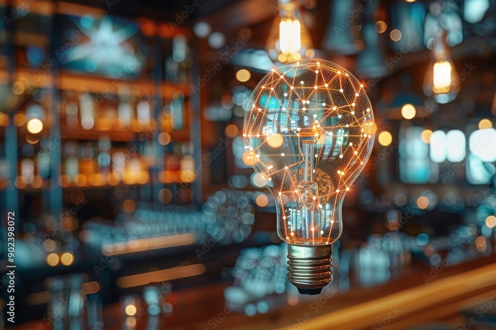 Poster light bulb with glowing circuits in a cozy café representing creativity and technological innovation