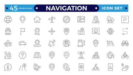 Location icon set. Containing map, map pin, gps, destination, directions, distance, pace, navigation and address icons. Navigation icons collection. Editable stroke outline icon.
