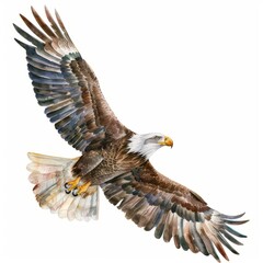 Fototapeta premium Watercolor painting of a strong eagle in flight, on isolated white background, Generative AI