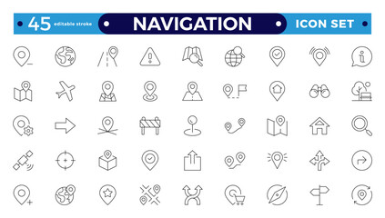 Location icon set. Containing map, map pin, gps, destination, directions, distance, pace, navigation and address icons. Navigation icons collection. Editable stroke outline icon.
