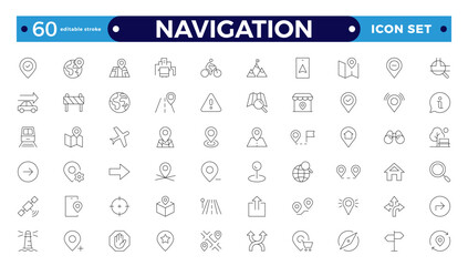 Location icon set. Containing map, map pin, gps, destination, directions, distance, pace, navigation and address icons. Navigation icons collection. Editable stroke outline icon.
