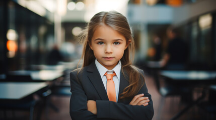 Fototapeta premium Little smiling business woman studio portrait. Child girl dressed black business suit . Smiling girl.