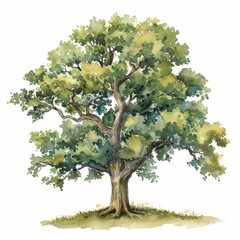 Watercolor painting of a strong oak tree, on isolated white background, Generative AI