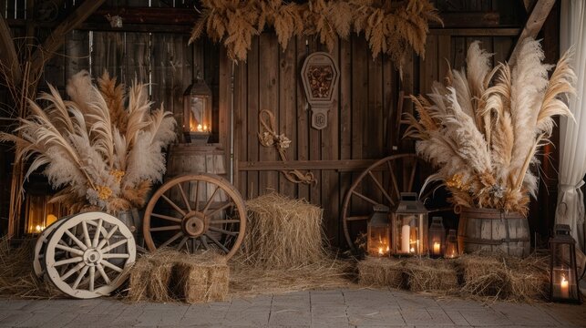backdrop western house barn with straw and wooden wheels, vintage decor, vintage laterns, pampas grass