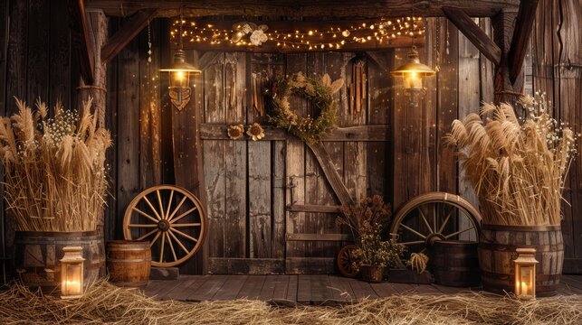 backdrop western house barn with straw and wooden wheels, vintage decor, vintage laterns, pampas grass