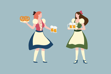 Oktoberfest girls in national German traditional clothes with glass of beer