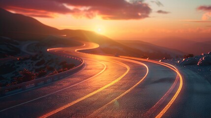 Naklejka premium Scenic highway at sunrise with empty roads winding through green countryside and stunning sky in the background.