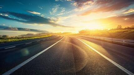Beautiful empty road stretching into the horizon under a vibrant sunrise sky, symbolizing journey, adventure, and new beginnings.