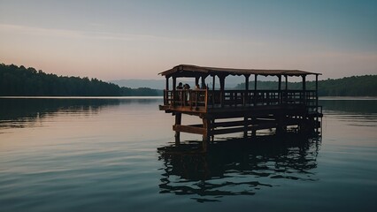 Fototapeta premium The serene essence of the lake captured in the vibrant colors of a winter sunset