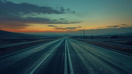 Open road at dusk with dramatic sky and horizon, a symbol of travel, adventure, and the beauty of nature and landscapes.