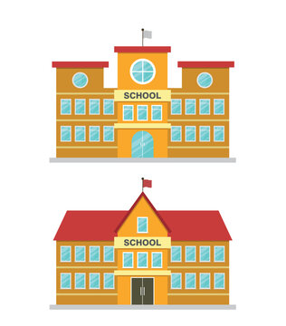 Set of colored school buildings icons. Vector illustration in flat style. 