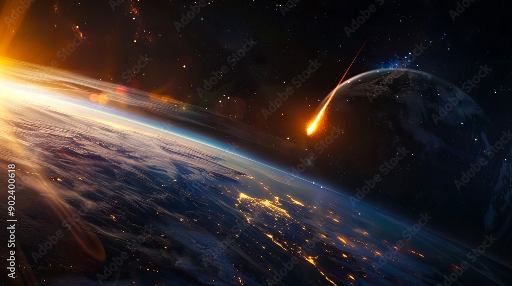 Wall mural a view of the earth from space with a comet in the sky