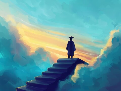 A lone graduate stands on a staircase leading to a bright sky, symbolizing success and achieving their goals.