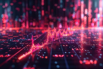 Obraz premium Financial downturn, holographic price fall, futuristic business losses, neon tech background