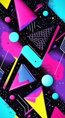 Abstract geometric design with vibrant neon colors and scattered dots on a black background.