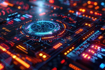 Obraz premium Futuristic digital interface with vibrant colors, glowing elements, and intricate circuits, ideal for tech and sci-fi themes.