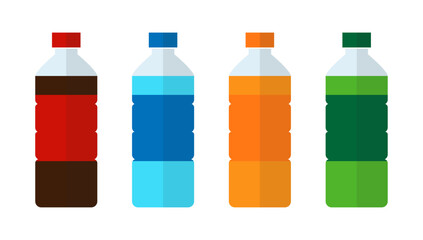 Set of sweet water plastic bottle soda, lemon, orange and water. Drinks in bottles. Plastic beverage bottles icon set. Bottled cold drinks flat vector illustration.