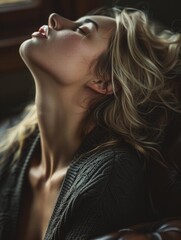 A woman with her eyes closed and a scarf on. AI.