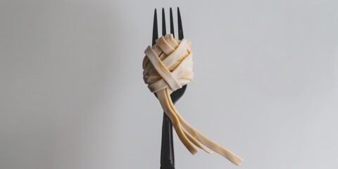 A fork with a piece of food wrapped around it. AI.