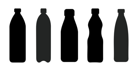 Silhouette bottle vector icon set. Plastic bottle collection. Plastic bottle silhouette icon isolated on a white background. Flat design. Vector illustration.