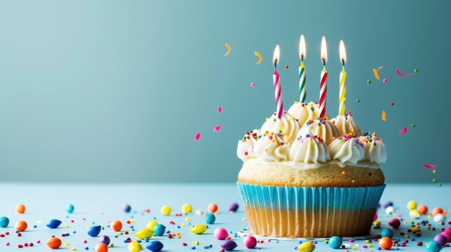 A single cupcake with lit candles and colorful sprinkles, celebrating a birthday.