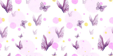 Seamless Pattern of Lilac Beautiful Butterflies and Spots. Watercolor Illustration on White Background. For Wallpaper, Wrapping Paper, Postcards, Blogs, Websites, Stationery, Textiles.