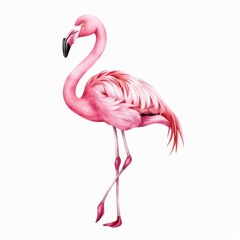 Obraz premium A flamingo standing on one leg, illustrated in a watercolor style against a white background.