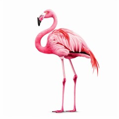 Fototapeta premium A flamingo standing on one leg, illustrated in a watercolor style against a white background.