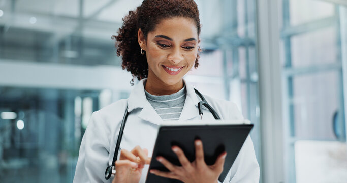 Tablet, woman and doctor with telehealth, healthcare and wellness support at hospital with tech. Digital, smile and online medical advice with clinic app for planning and web results for consultation