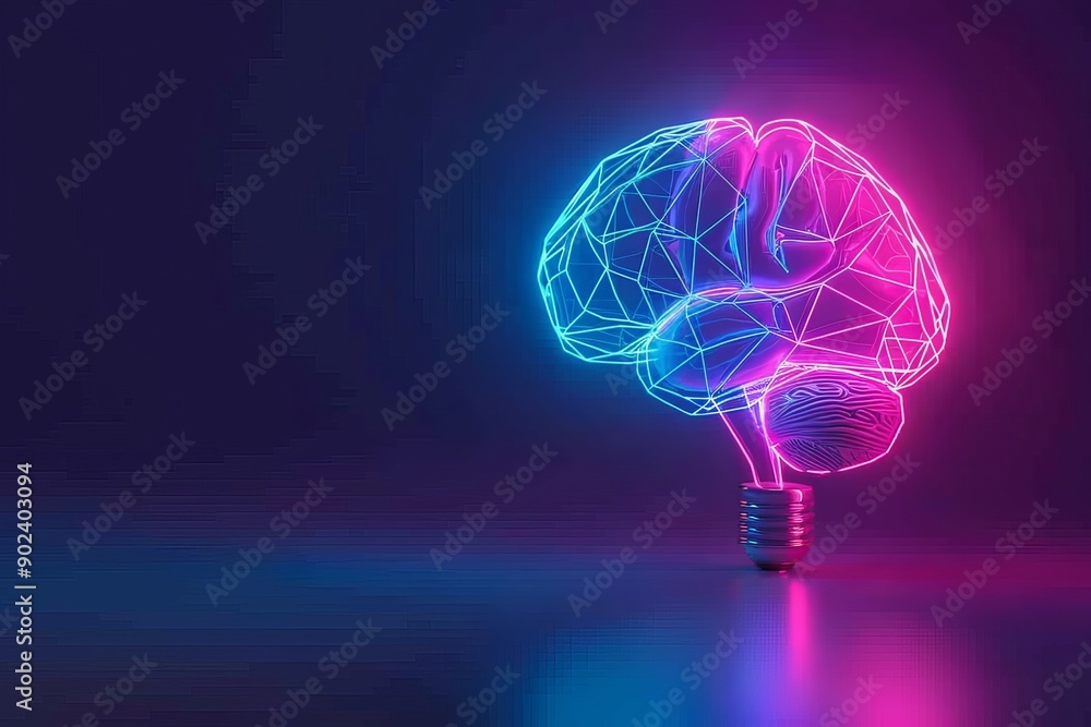 Poster neon brain in a light bulb symbolizing creativity and technological innovation in a vibrant high tec