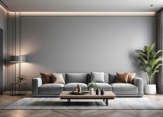 Beige contemporary minimalist interior with sofa, armchair, blank wall, coffee table and decor. 3d render illustration mockup.
