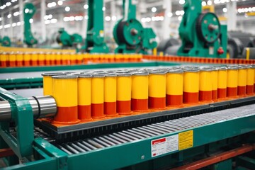 Cylinders moving along a conveyor belt, orange and yellow in color