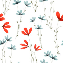 Red and blue flowers, seamless floral pattern on white background.