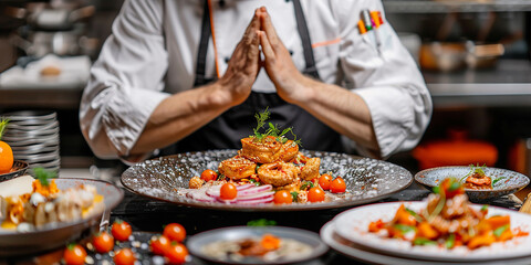Fototapeta premium cook prays over the finished dish in the kitchen.