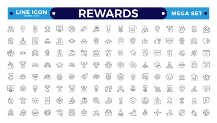 Reward icon set. Success icon, Contains icons prize, trophy, winner, gift, and bonus card illustration. Set of Winner medal, cup, and Laurel wreath award icons. Award editable stroke outline icon.